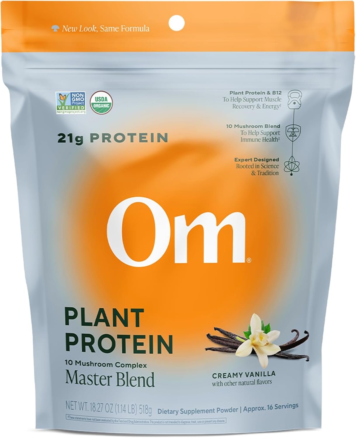 OM MUSHROOM SUPERFOOD Master Blend Vegan Protein – Creamy Vanilla Plant Protein with 10 Mushrooms, Ashwagandha, BCAAs & B12 – Energy, Recovery & Immune Support – 1.2 lb (16 Servings)