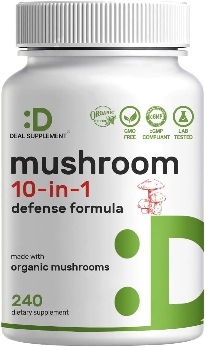 Organic 10-in-1 Mushroom Supplement, 240 Capsules – Lions Mane, Turkey Tail, Reishi, Cordyceps & More Mushroom Complex – Immune, Energy & Nootropic Brain Support – Non-GMO