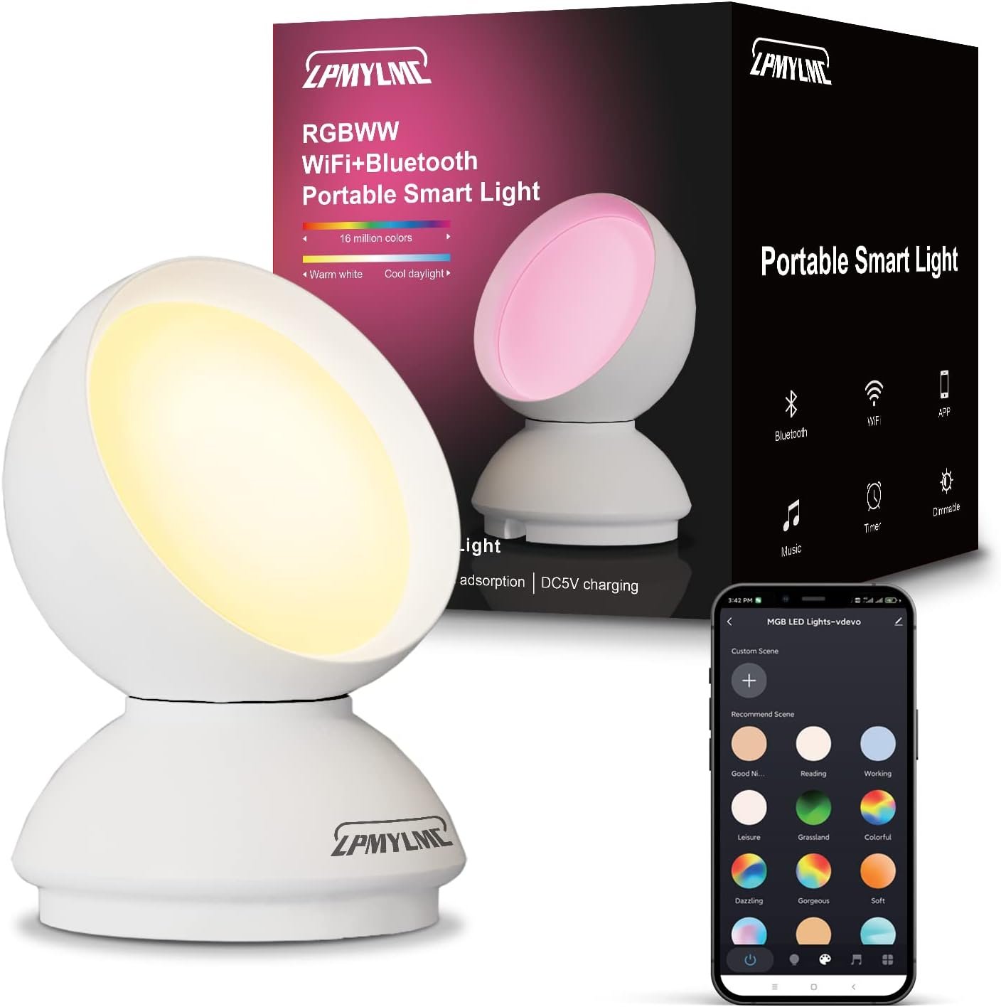 Smart Night Light Table Lamp with RGBWW, Portable Voice Control LED Dimmable Bluetooth Table Lamp, Compatible with Alexa & Google Assistant for Bedroom, Living Room, Gaming, Decoration