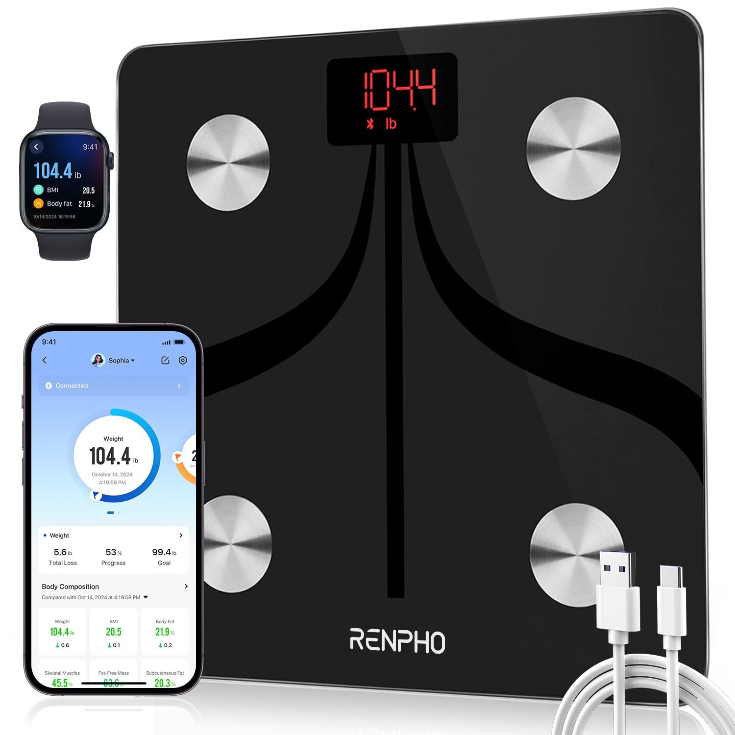 RENPHO Smart Scale for Body Weight, Type-C Rechargeable Digital Bathroom Scale, Electronic 13 Body Composition Monitor with Smartphone App, 396 lbs, Black, Elis 1 (11 inch)