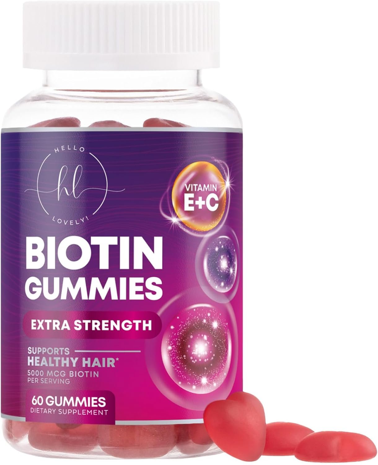 Hair Vitamins Gummies with Biotin 5000 mcg - Hair Growth Support with Vitamins E & C for Thicker, Stronger & Beautiful Hair - Hair Skin and Nails Vitamin for Women, Non-GMO, Gluten Free - 60 Gummies