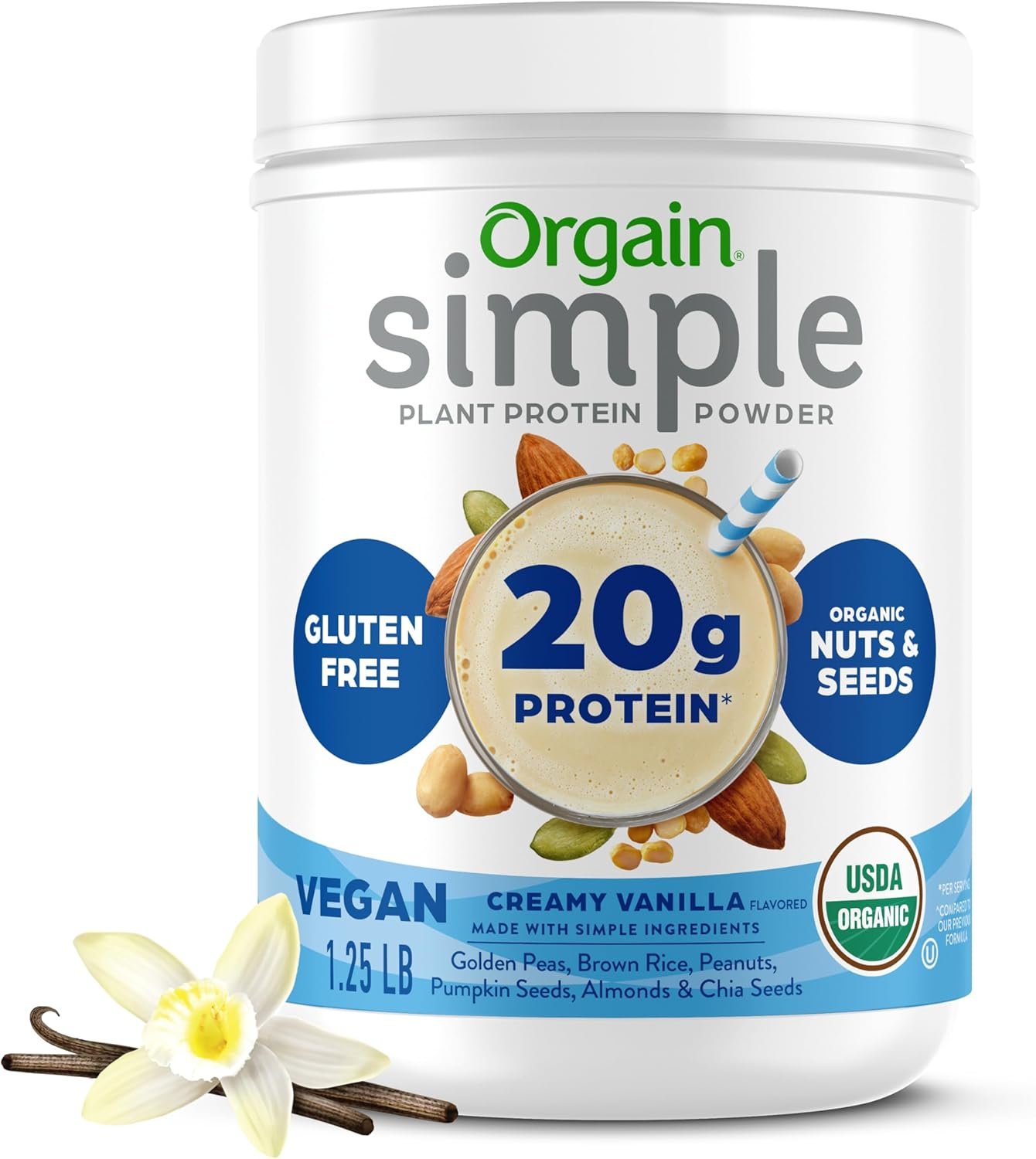 Orgain Organic Simple Vegan Protein Powder, Vanilla - 20g Plant Based Protein, Made with less Ingredients, No Artificial Sweeteners, Gluten Free, No Dairy or Lactose, 1.25 lb (Packaging May Vary)