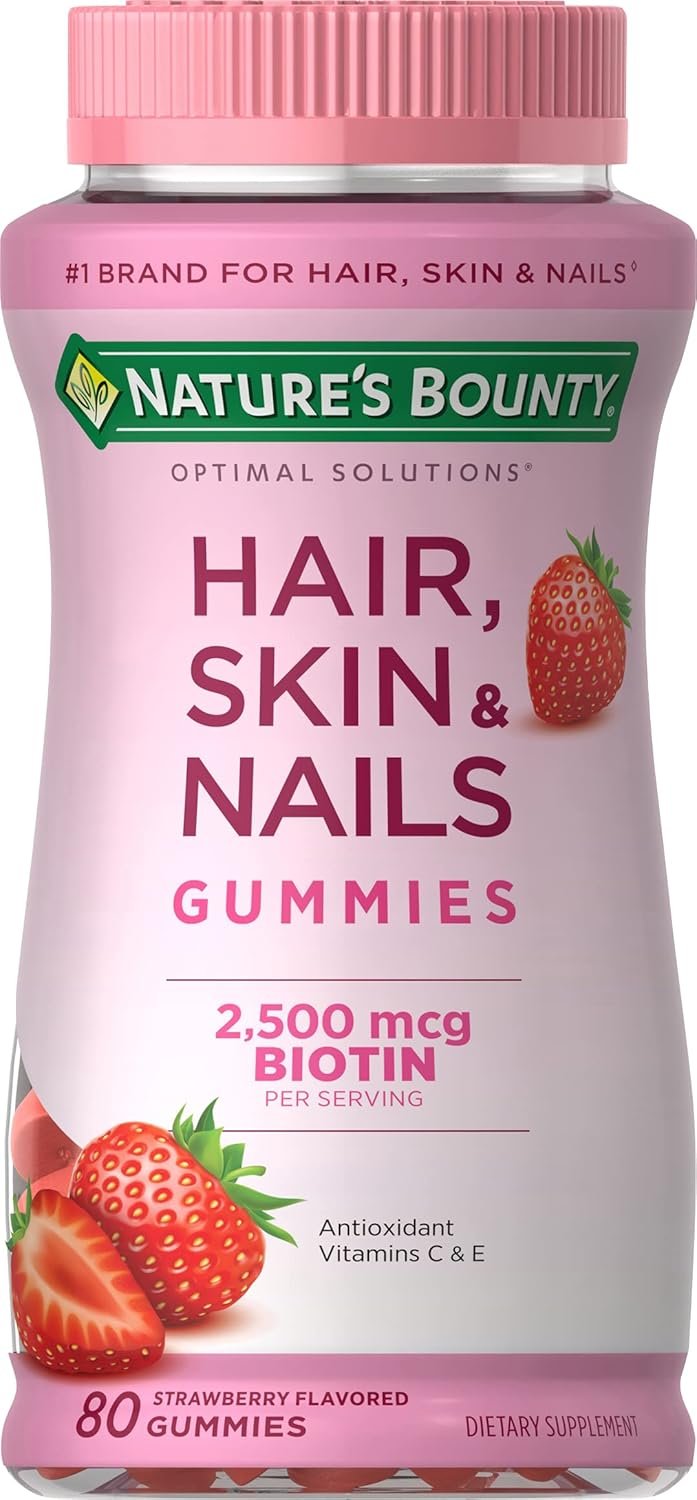 7179yGpT0pL._AC_SL1500_.jpg Nature's Bounty Optimal Solutions Hair, Skin & Nails Vitamin Gummies with Biotin, 2500 mcg, Strawberry, 80 Count, 40 Total Servings - Image 1