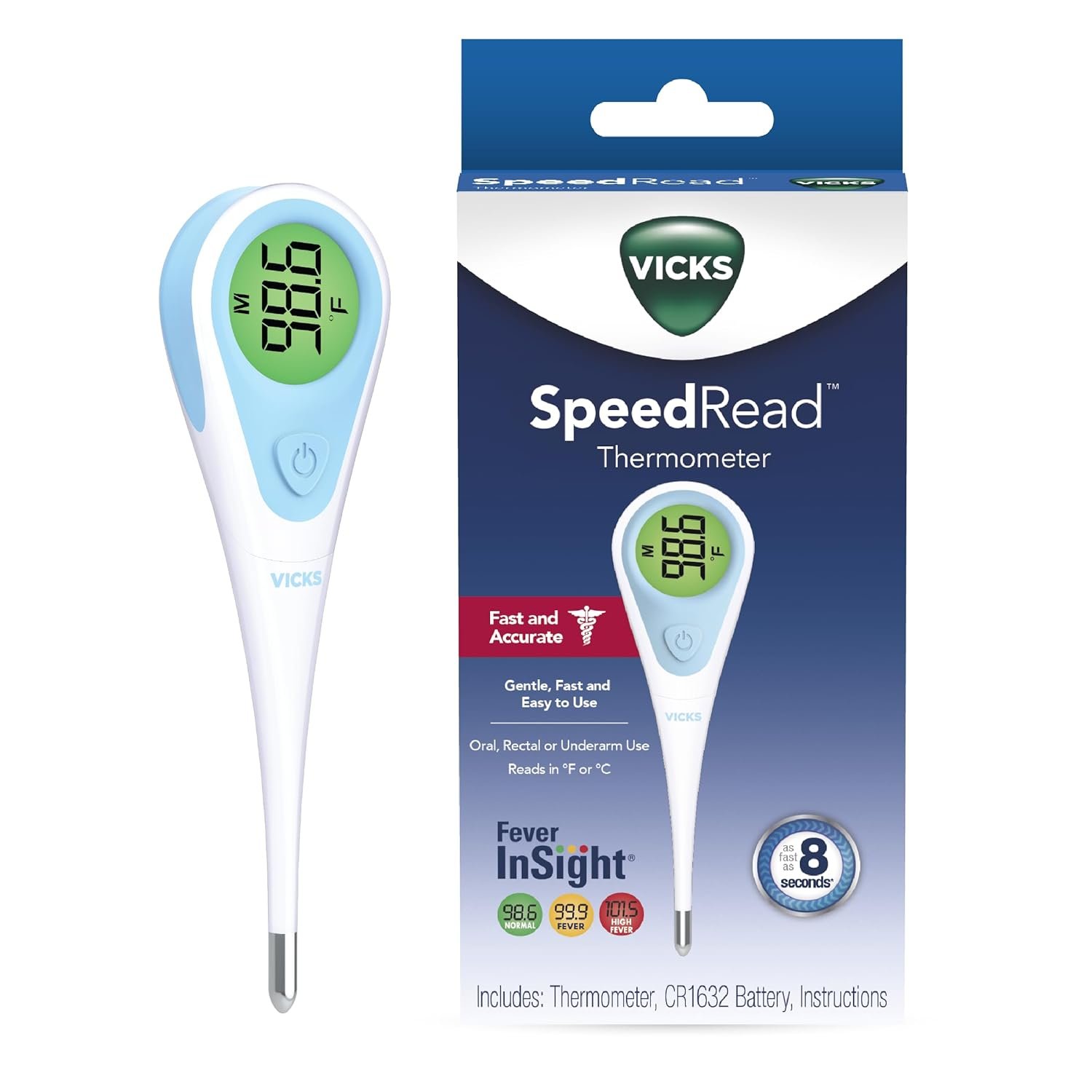 Vicks SpeedRead Digital Thermometer for Baby, Kids & Adults, Color-Coded Readings, Oral, Baby Rectal Thermometer or Under The Arm, Water Resistant