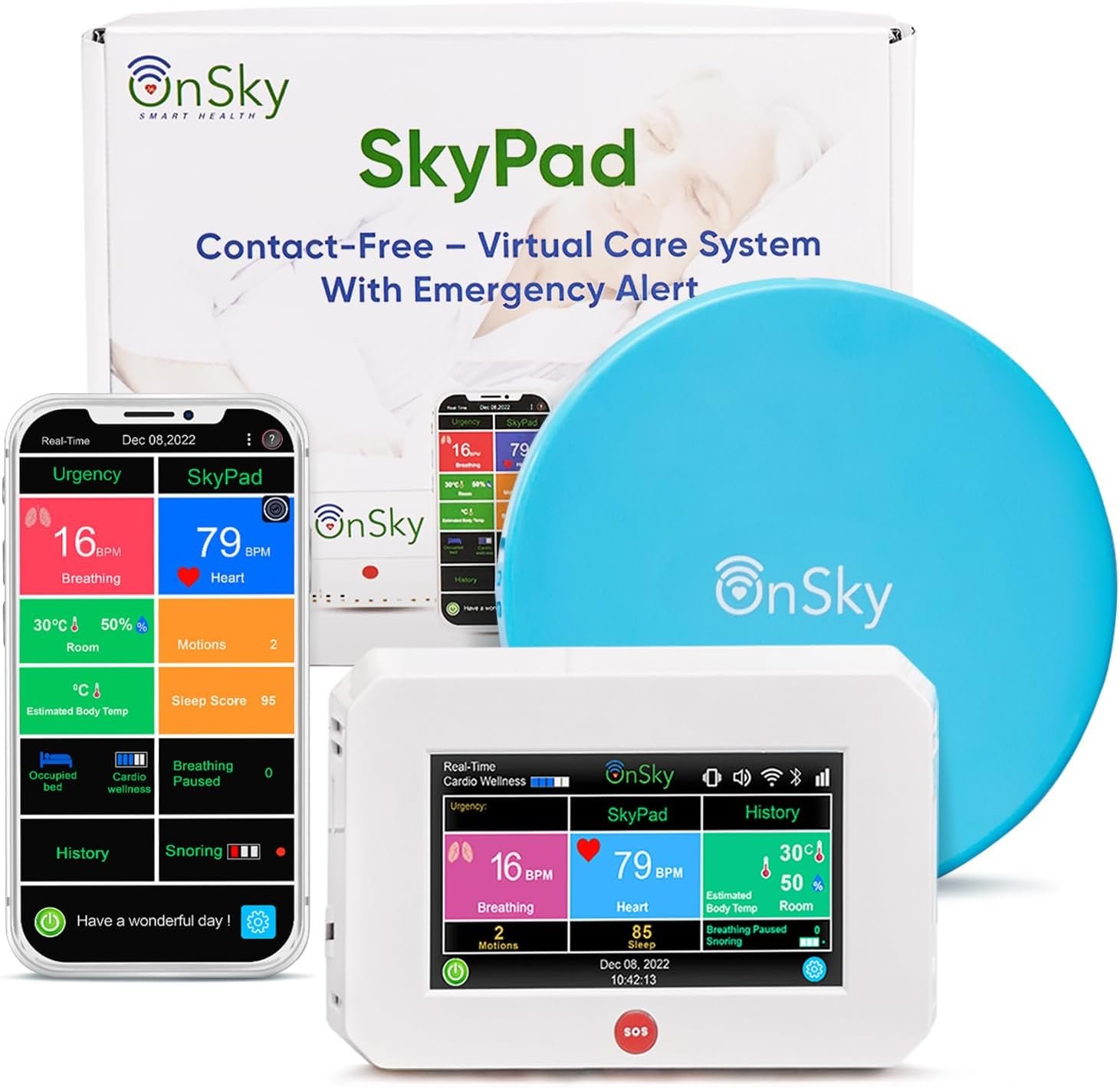 SkyPad FDA-Cleared Contact-Free Heart & Breathing & Sleep Apnea Monitor, Adult & Children Home Health Care - Senior & Nursing Home - Remotely Monitor Sleep & Wellness via app - Emergency Alert & Call