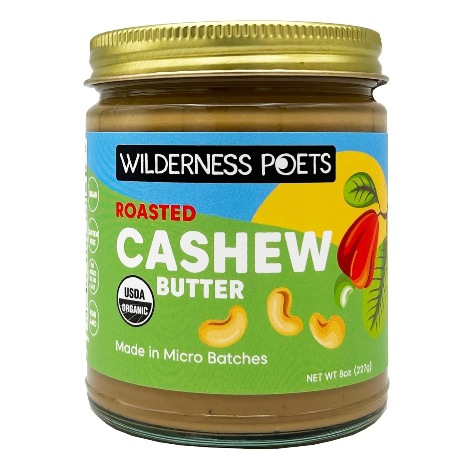 Wilderness Poets, Organic Roasted Cashew Butter - (8 Ounce Glass Jar) - Ultra Creamy, One Ingredient - No Added Sugar or Salt