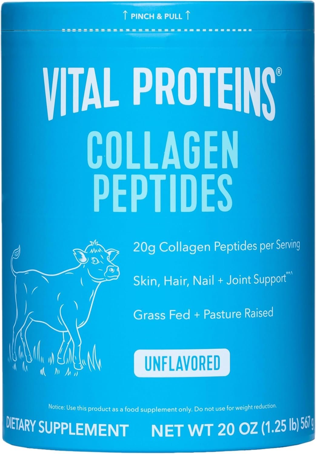 Vital Proteins Grass Fed Collagen Peptides Powder, Supports Hair, Skin, Nails, Bones, and Joints Health, Hydrolyzed Peptides - Zero Sugar, Unflavored, 20oz