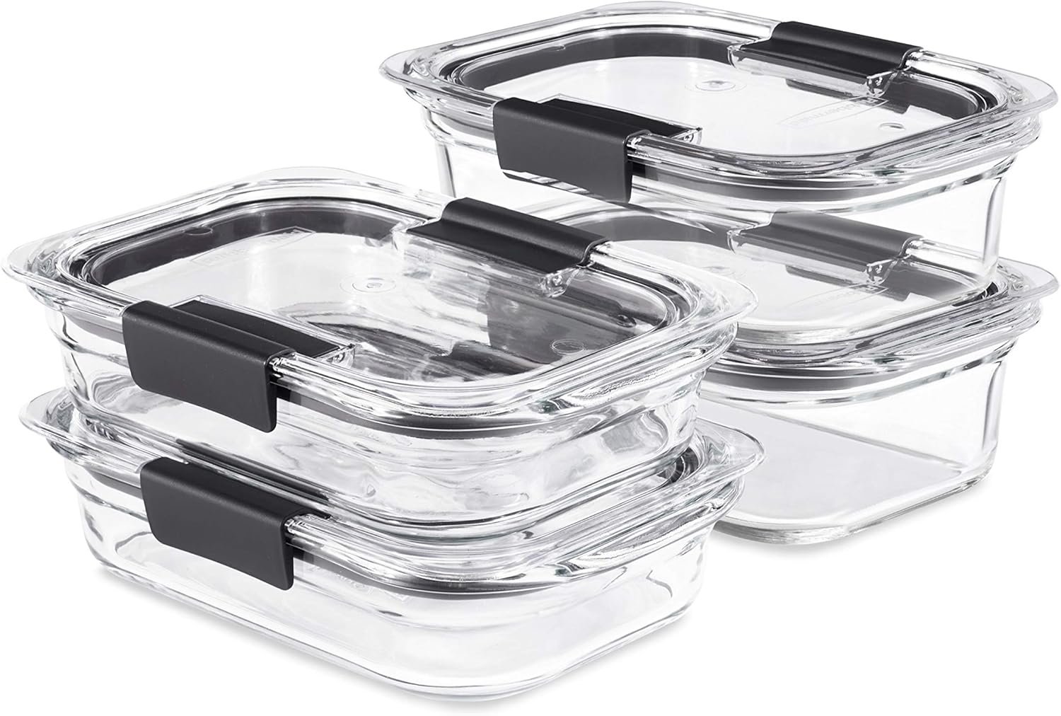 Rubbermaid Brilliance Glass Food Storage set of 4 containers 8 total pieces (4 containers + 4 lids) for Lunch Meal Prep and Leftovers Dishwasher and Oven Safe Clear/Grey