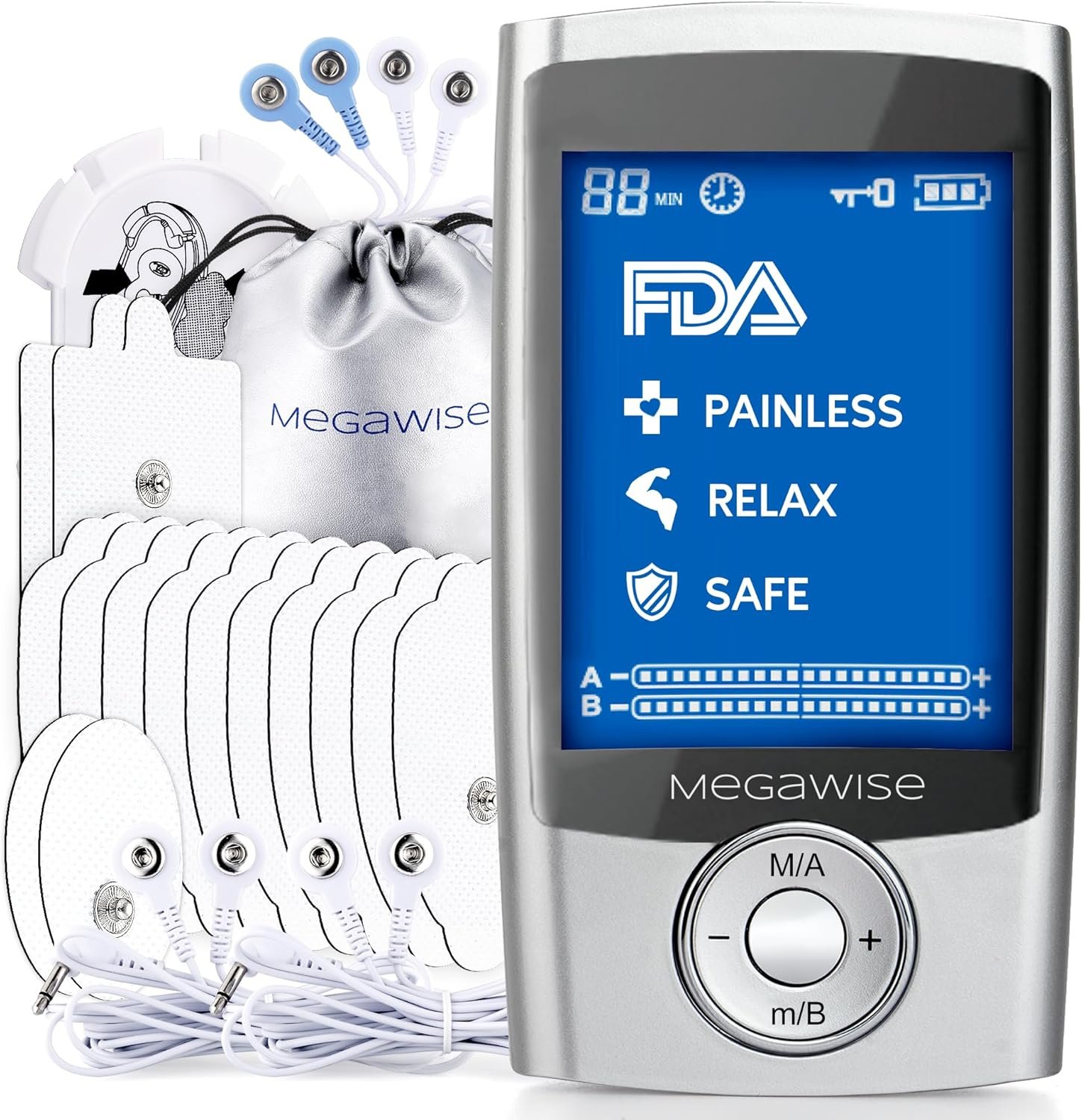 MegaWise EMS TENS Unit, 24 Modes with 14 Premium Pads, Dual Channel Muscle Stimulator for Back Pain Relief Therapy, Home Use, Ideal Gift for Mum and Dad