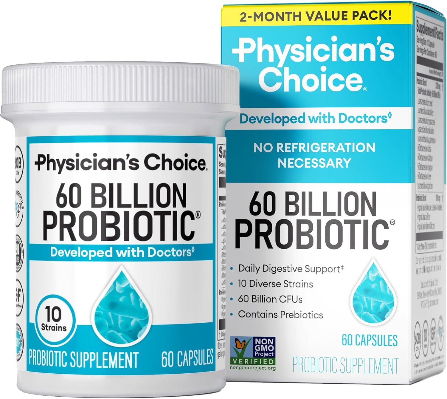 Physician's CHOICE Probiotics 60 Billion CFU - 10 Strains + Organic Prebiotics - Immune, Digestive & Gut Health - Supports Occasional Constipation, Diarrhea, Gas & Bloating - for Women & Men - 60ct