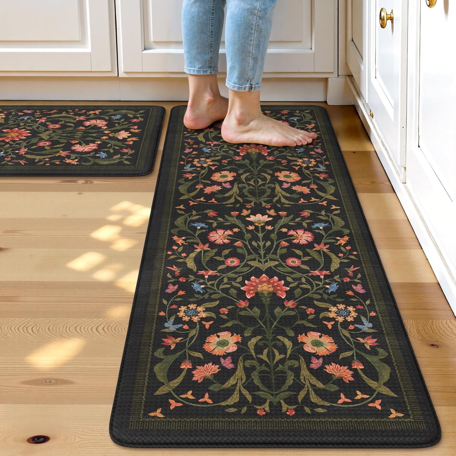 Collive Kitchen Mats for Floor 2PCS, Cushioned Anti Fatigue Mat Non Slip Waterproof Kitchens Sink Rug, Floral Comfort Padded Standing Mat for Laundry, Desk, Bar, Office, 17.3"x29"+17.3"x47", Black