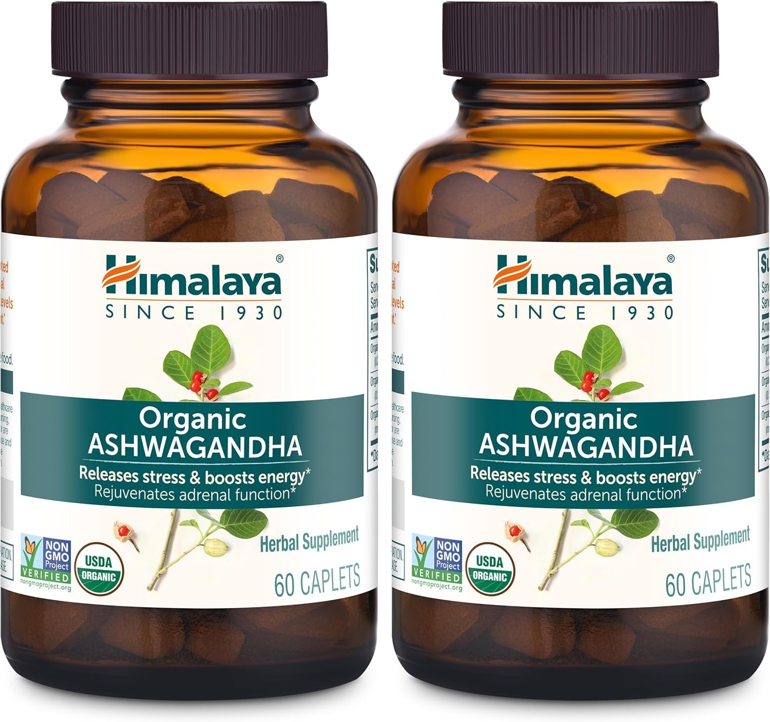 Himalaya Organic Ashwagandha Root, 120 Day Supply - Herbal Adrenal Support Supplements for Stress Relief and Energy Support - USDA Organic, Non-GMO, Vegan, Gluten Free, 60 Caplets, 2 Pack