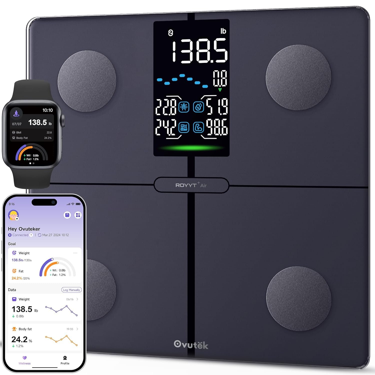 Ovutek Smart Scale for Body Weight, Professional Bathroom Digital Scale with BMI, Body Fat, Muscle Mass, Most Accurate to 0.05lb, Large Display High Accurate Body Composition Machine with Fitness App