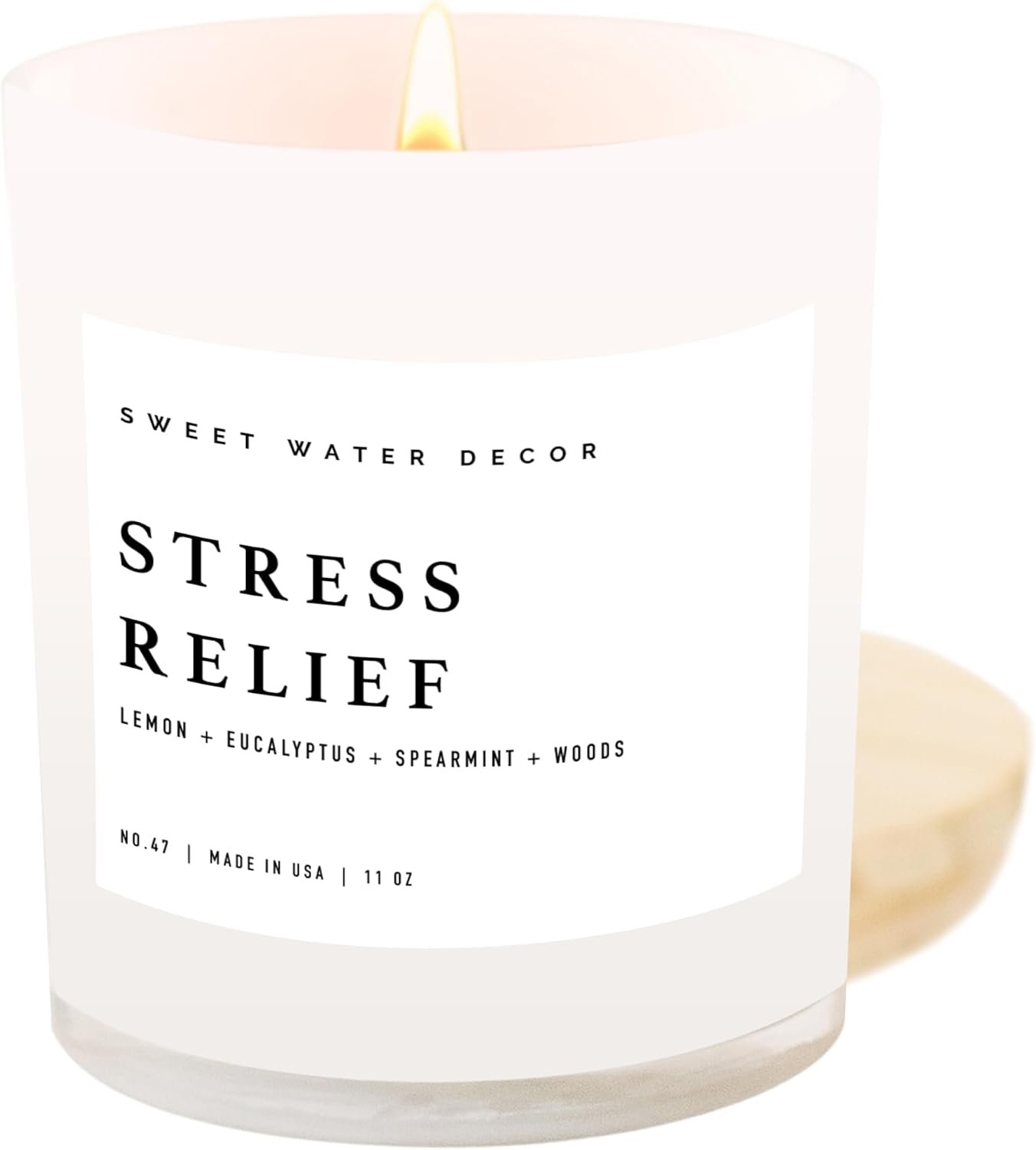 Sweet Water Decor Candles | Spa Scented Soy Wax Candle for Home | 11oz Jar Candle with Wood Lid, 50+ Hour Burn Time, Made in The USA (Stress Relief, White - 11 oz)