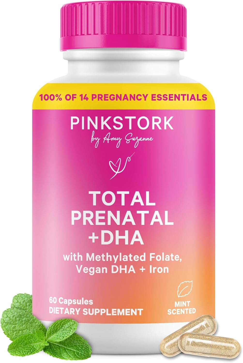 Pink Stork Total Prenatal Vitamins for Women | DHA, Folate, Iron, Choline, & Vitamin B12 | Preconception Nutrition | Prenatals for Women, Pregnancy Essentials | Doctor Formulated, 60 Count, Mint