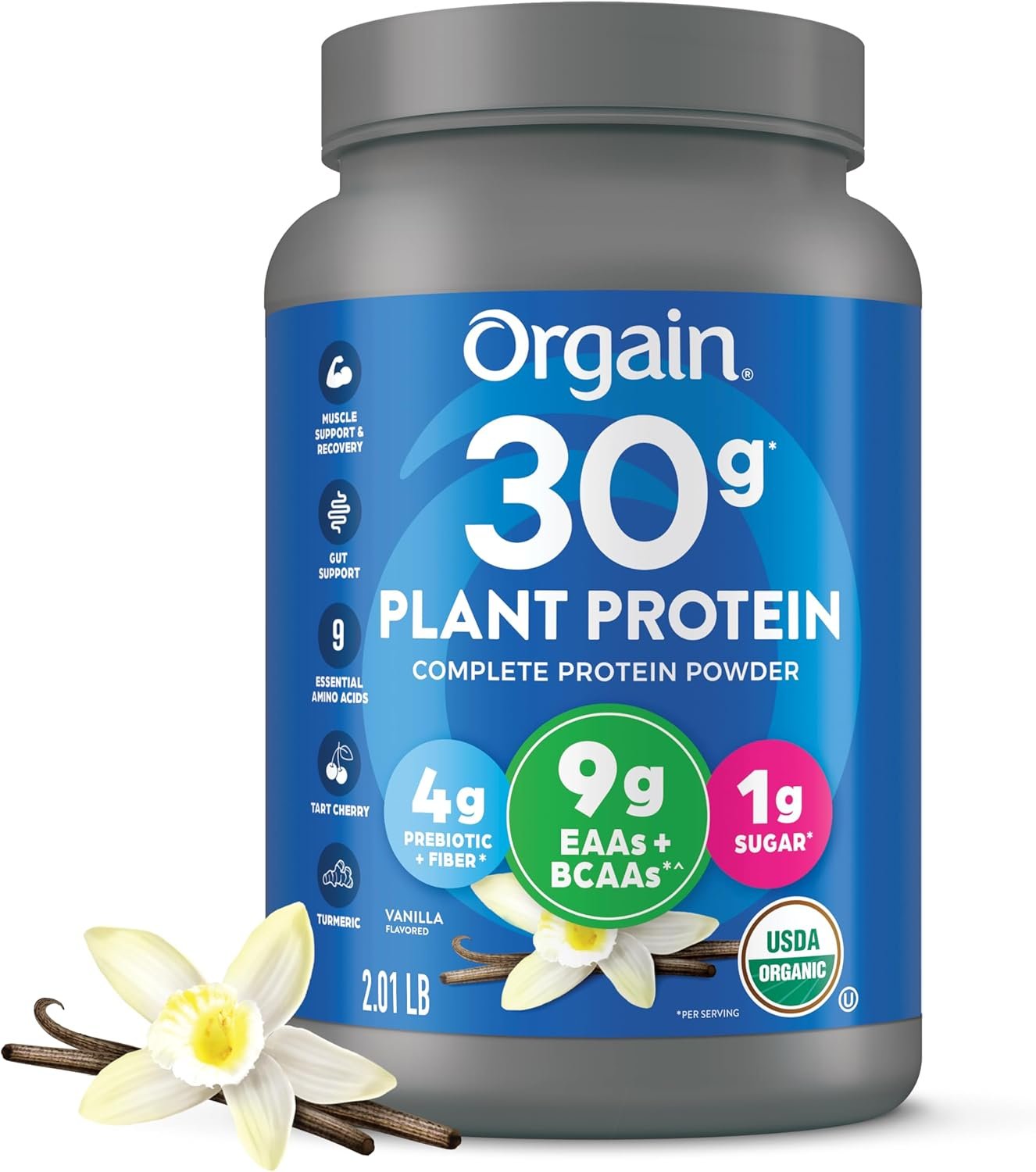 Orgain Organic 30g Vegan Plant Protein Powder, Vanilla, 9g EAAs + BCAAs, High Plant Protein, 4g Prebiotic + Fiber, 1g Sugar, Pre-Workout, Muscle Support + Recovery - 2.01lb (Packaging May Vary)