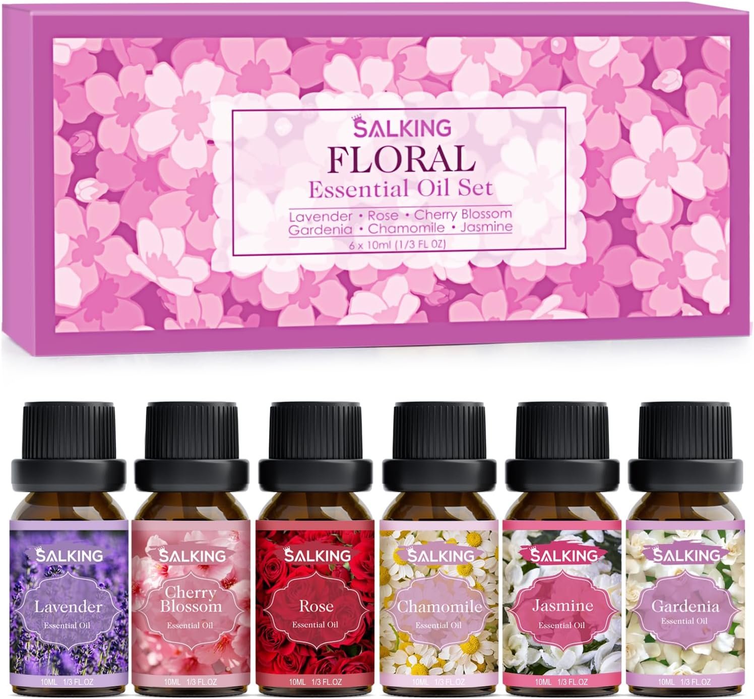 SALKING Floral Essential Oils Set, Premium Pure and Natural Essential Oils, Fragrance Oil Scented Oils for Oil Diffusers 6 x 10 ML - Lavender, Rose, Jasmine, Cherry Blossom, Gardenia, Chamomile