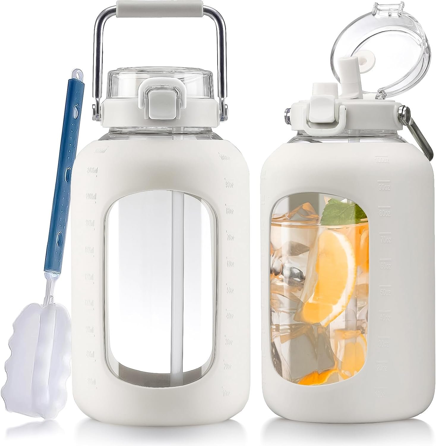 Large Glass Water Bottles with Stainless Steel Handle,100 oz Gallon Drinking Bottle with 2-in-1 Straw Lid,3 Liter Glass Water Jug with Silicone Sleeve,Wide Mouth,White