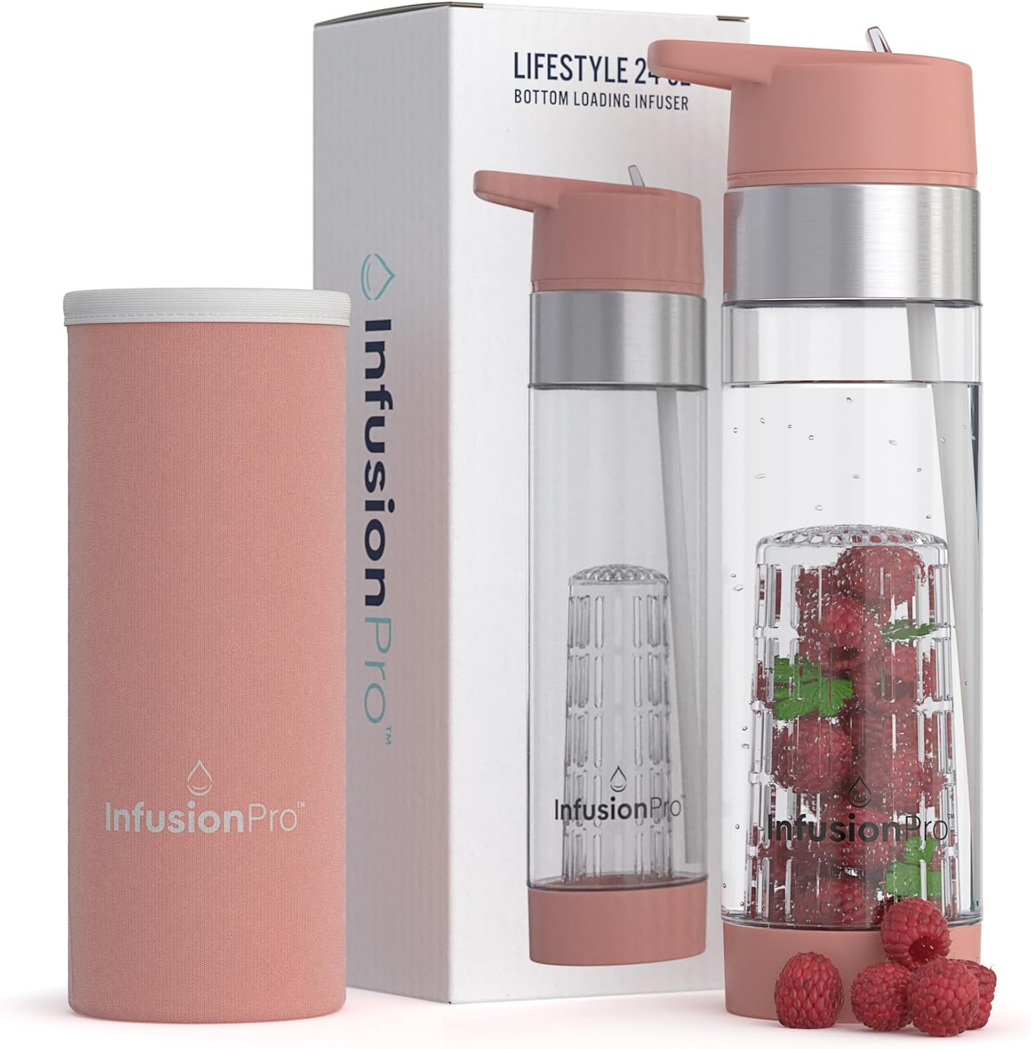 Infusion Pro Fruit Infuser Water Bottle with Straw Lid 24 oz : Flip-Up Straw : Insulated Sleeve & Fruit Infusion Water eBook : Bottom Loading Infuser for More Flavor - Kauai Sunset