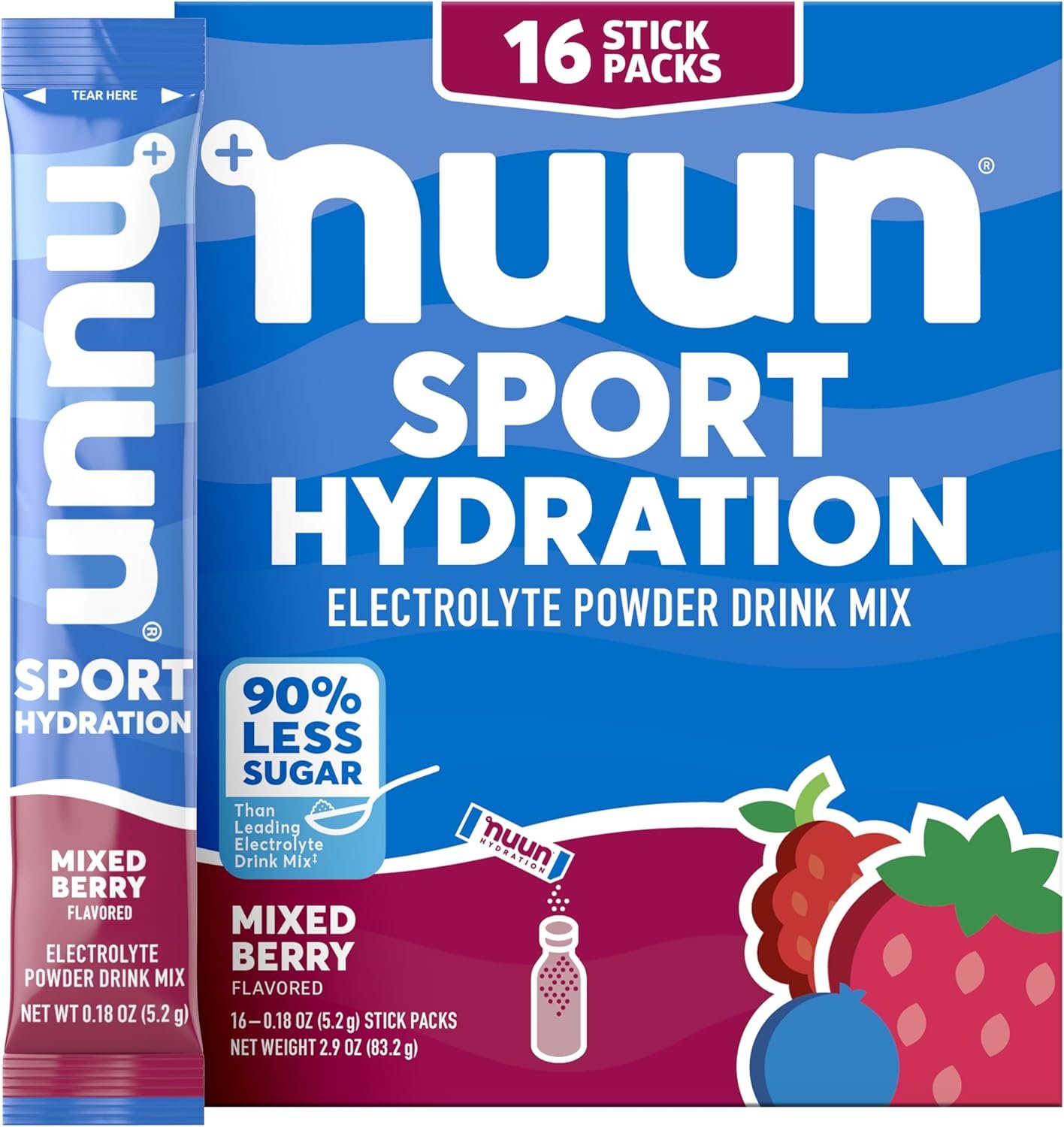 Nuun Sport Electrolyte Powder Packets with Magnesium, Calcium, Potassium, Chloride, and Sodium, Hydration Packets for On-The-Go, Mixed Berry Flavor, Gluten Free & Vegan, 16 Single Servings