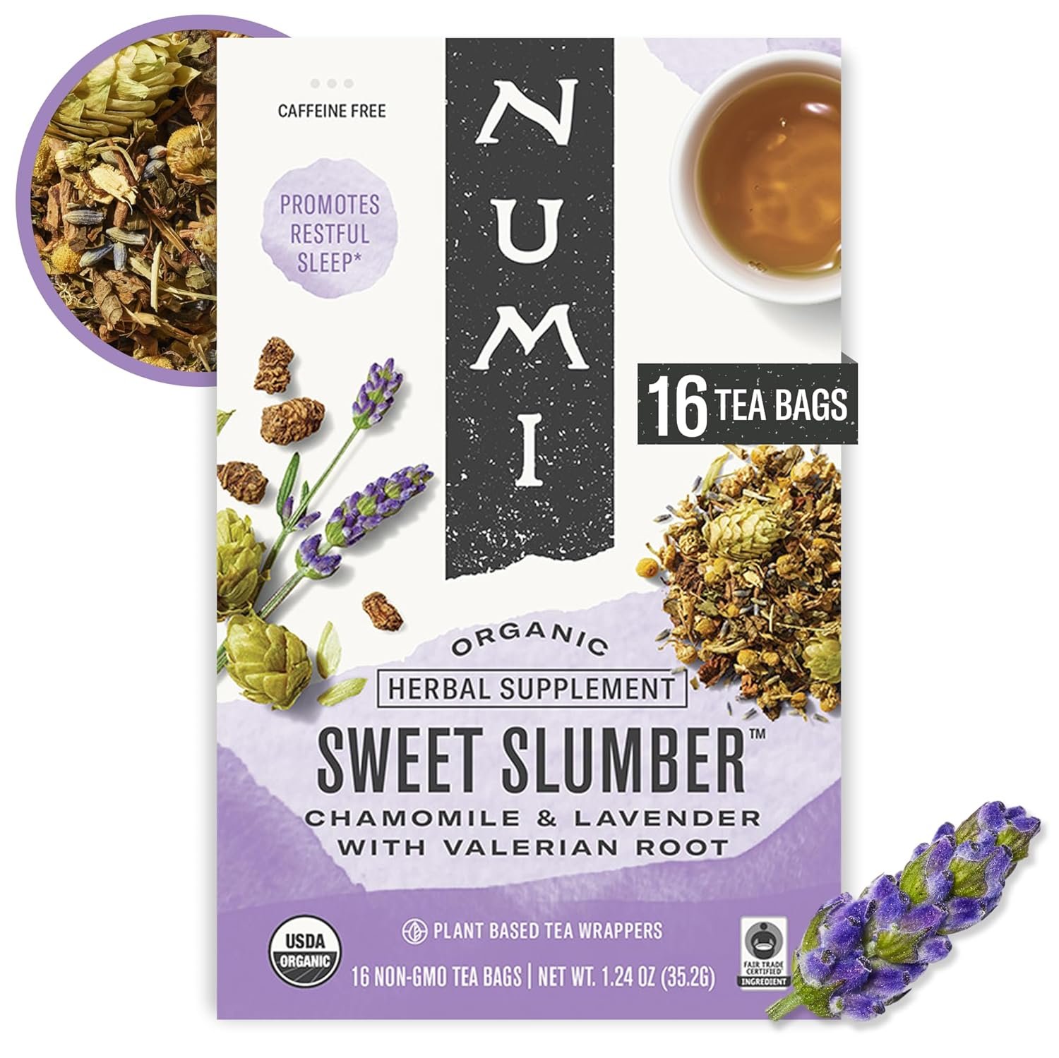 Numi Organic Sweet Slumber Tea with Chamomile, Valerian Root & Lavender, 16 Count Box of Tea Bags Herbal Teasan