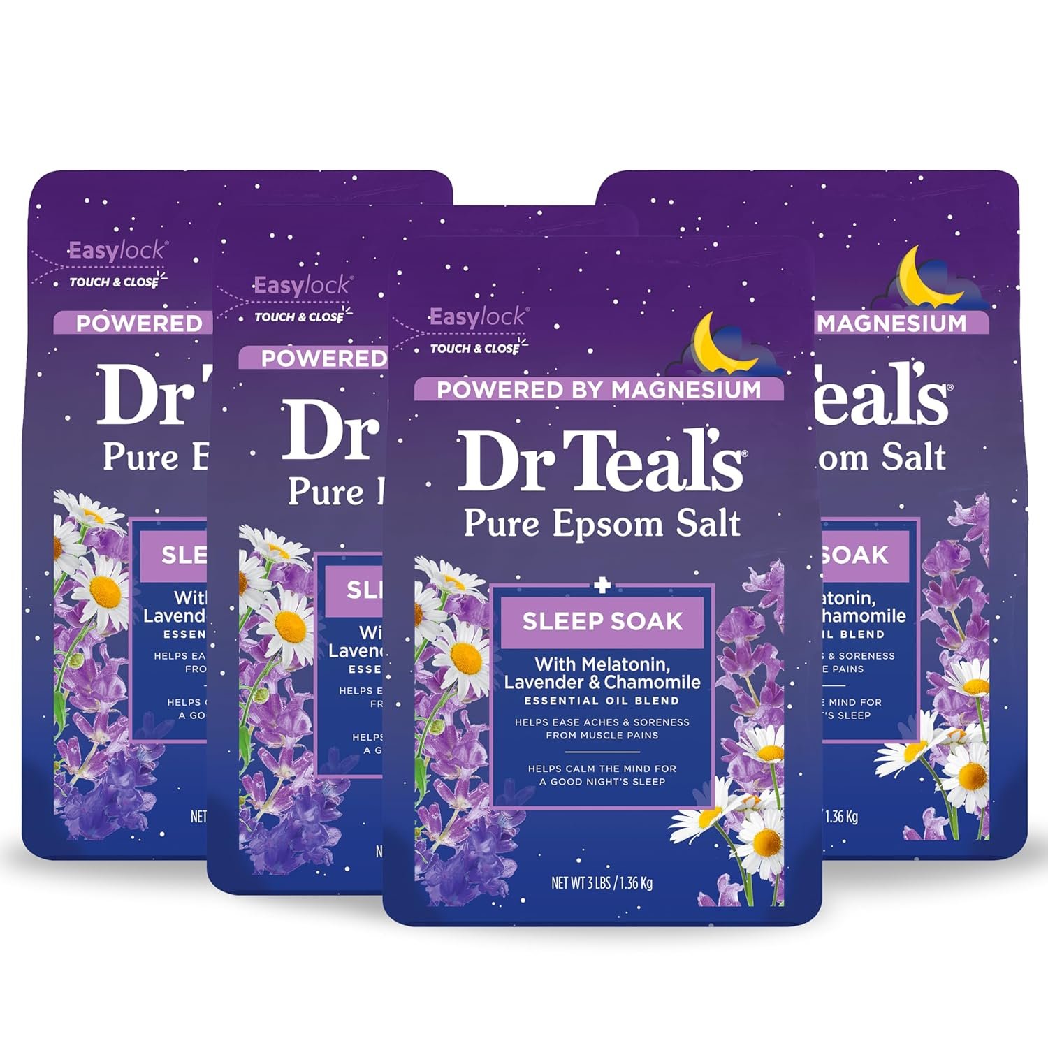Dr Teal's Pure Epsom Magnesium Salt Soak, Sleep Blend with Melatonin, Lavender & Essential Oils, 3 lb (Pack of 4)