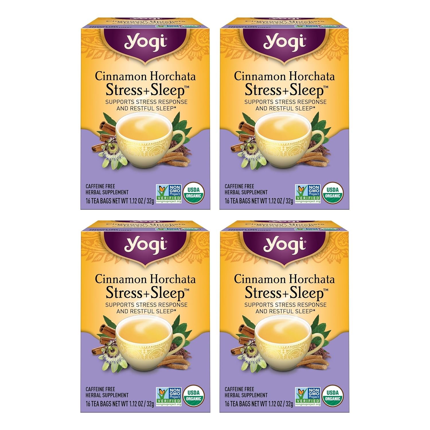 Yogi Tea Cinnamon Horchata Stress & Sleep - 16 Tea Bags per Pack (4 Packs) - Organic Sleep Tea - Supports a Restful Sleep - Includes Ashwagandha, Passionflower & Apple Cider Vinegar