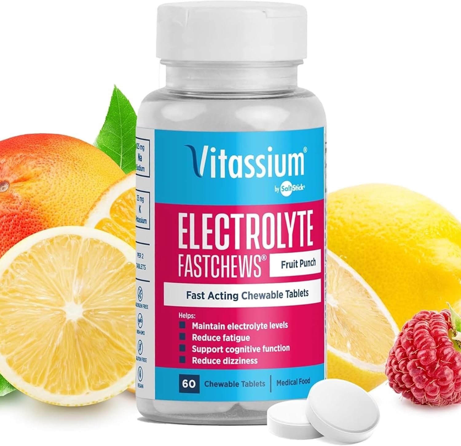 Vitassium FastChews, Chewable Electrolyte Tablets for Management of POTS and High Sodium Diets, Fast-Acting Sodium Tablets, Fruit Punch, 60 Count