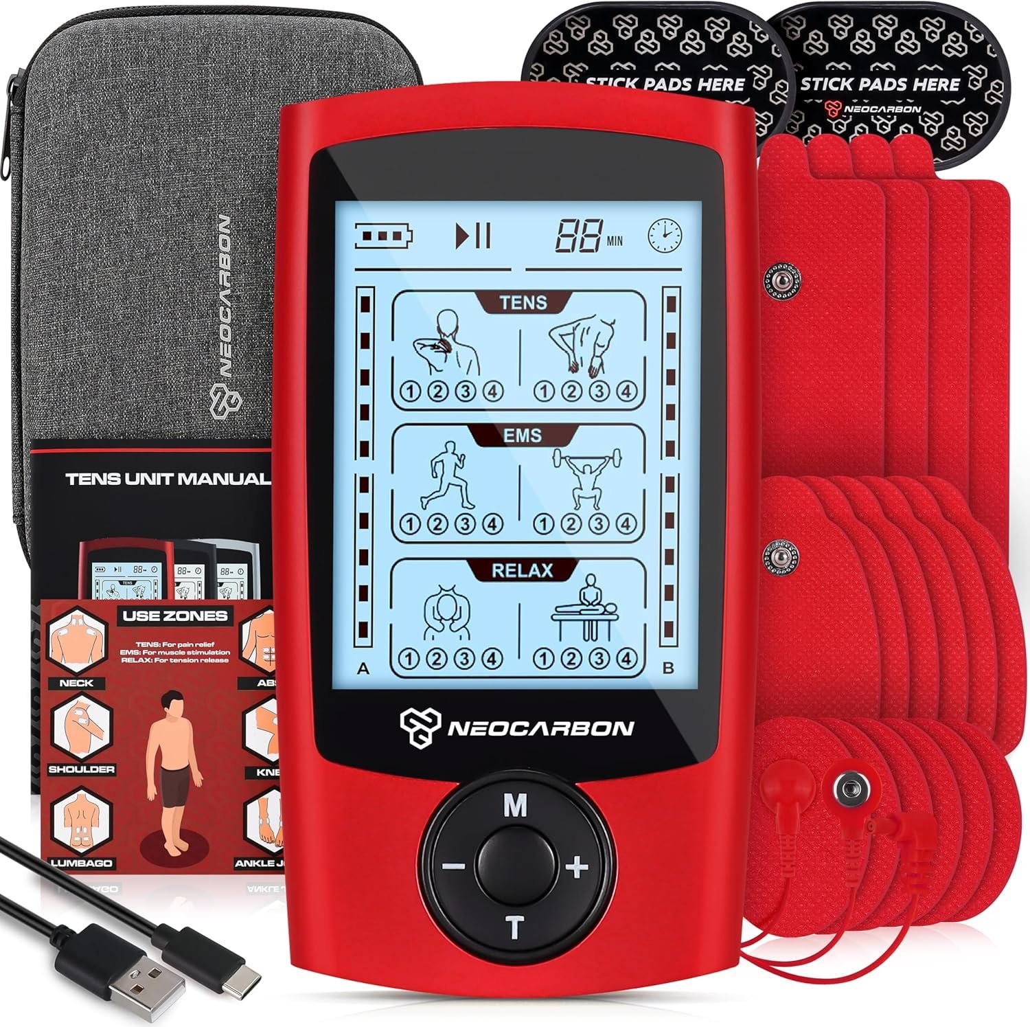 TENS Unit Muscle Stimulator, EMS Massager Machine for Shoulder, Neck, Sciatica and Back Pain Relief, Electronic Pulse Massage Physical Therapy, Red